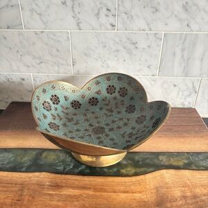 Vintage Brass and Enamel Floral Pedestal Bowl, Trinket/Key Dish, Console Bowl